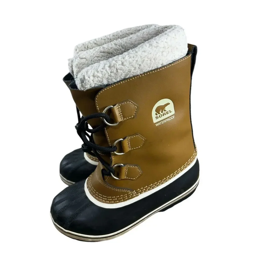 Sorel Snow Winter Duck Boots Women's Sz 4 Tan Leather Lace Up Waterproof Liners